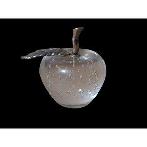 Vintage Clear Apple Brass Stem & Leaf Art Glass Paperweight Controlled Bubbles